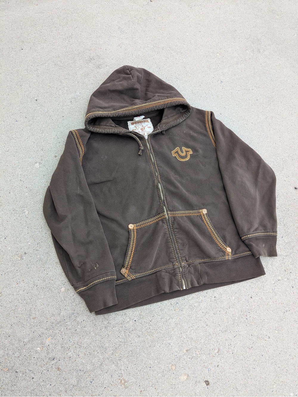 True Religion Brown Hooded Zip Sweatshirt with Contrast Stitching